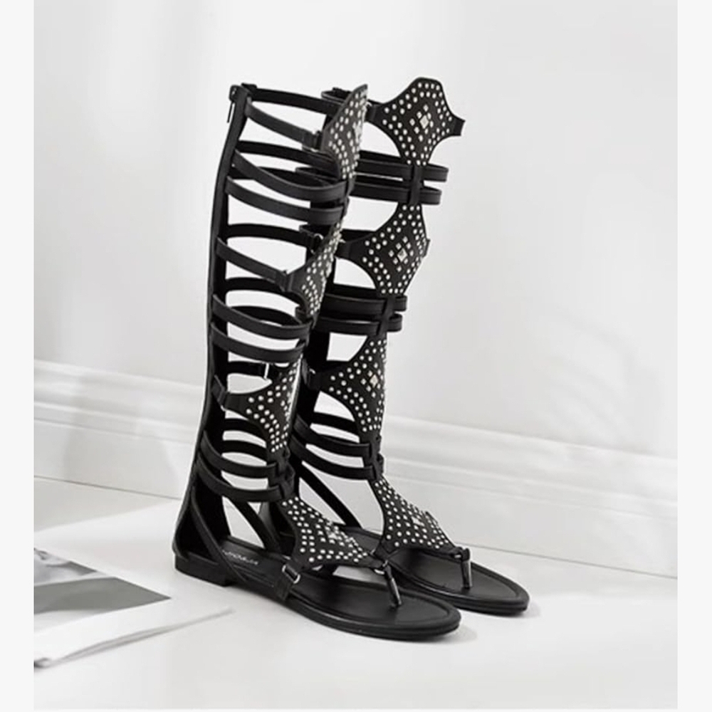 Elegant Black Knee-High Gladiator Sandals